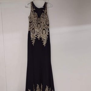Black prom dress with gold beading